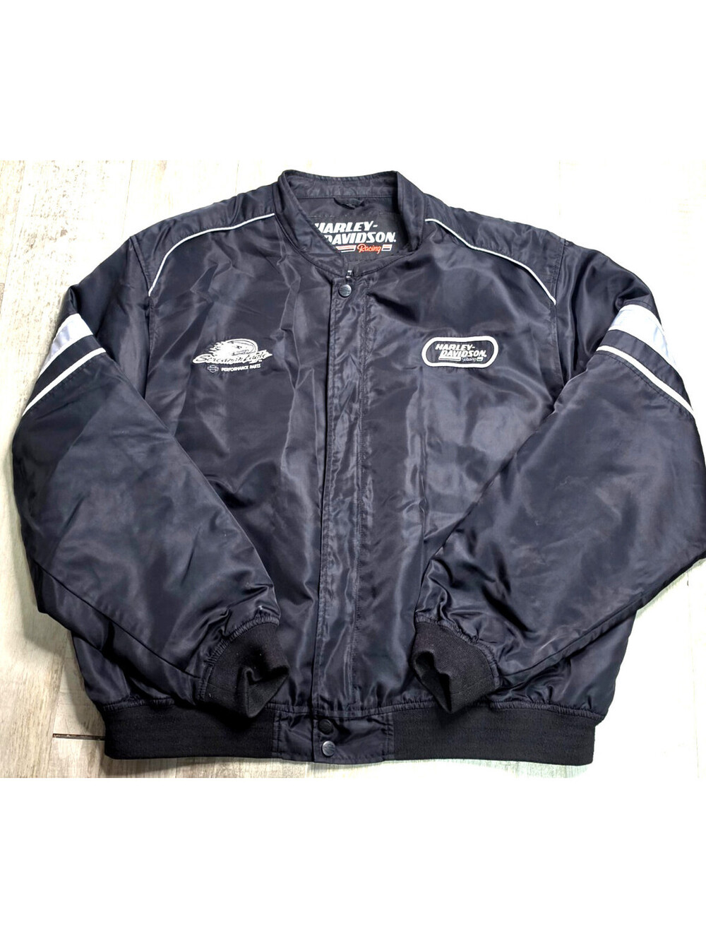 Harley-Davidson Racing Screamin Eagle Nylon Bomber Jacket Mens 2XL Black Zip Up